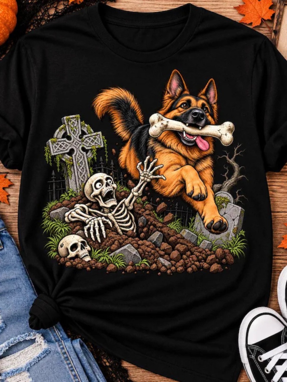 German Shepherd Dog Halloween Graphic T-Shirt, Gildan Black Halloween Outfit